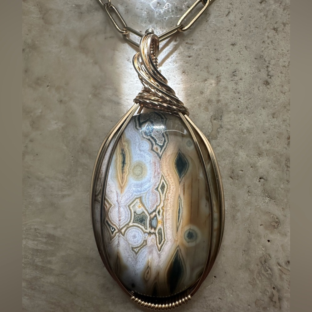 14k Gold Fill Exceptional Ocean Jasper Healing Stone Necklace Pendant